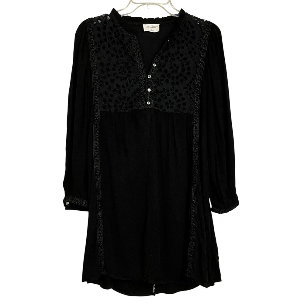 Allie Rose Black Tunic Top Small Long Sleeve Eyelet Trim Cottagecore‎ Whimsygoth